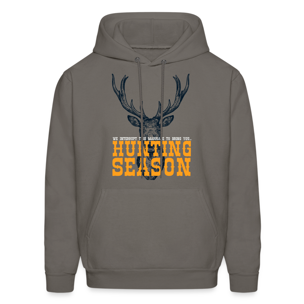 "We interrupt this marriage to bring you hunting season" Men's Funny Hunting Hoodie - asphalt gray